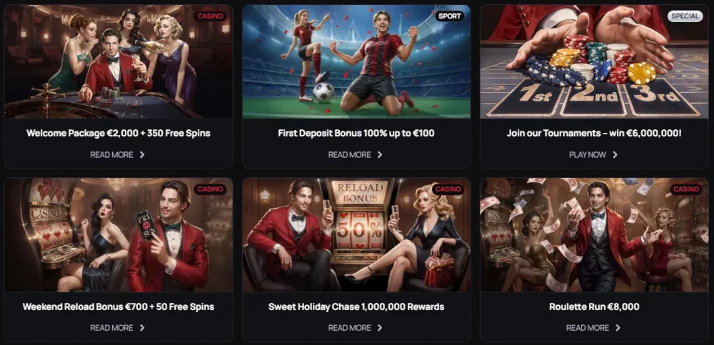 Casinova Werbedashboard mit verschiedenen Willkommensboni und Veranstaltungen.